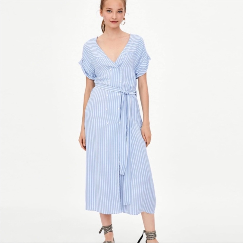 Zara striped blue belted button down midi dress shirt sleeve